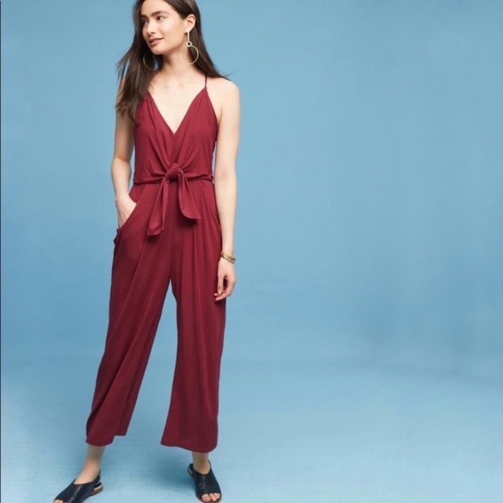 Anthropologie Willa tiefront burgundy jumpsuit